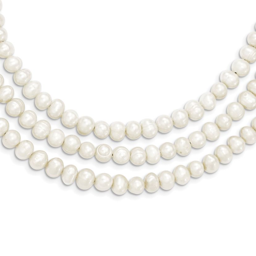 Sterling Silver Triple Strand White Freshwater Cultured Pearl Necklace