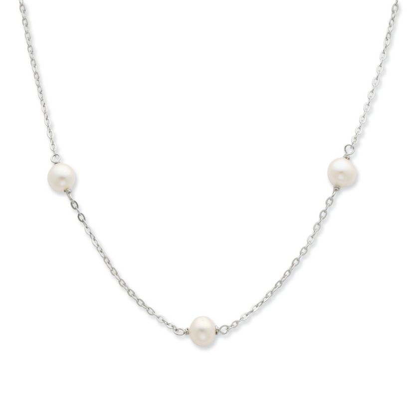 Sterling Silver Rhodium 7-8mm White Freshwater Cultured Pearl with 2-inch Extension Necklace