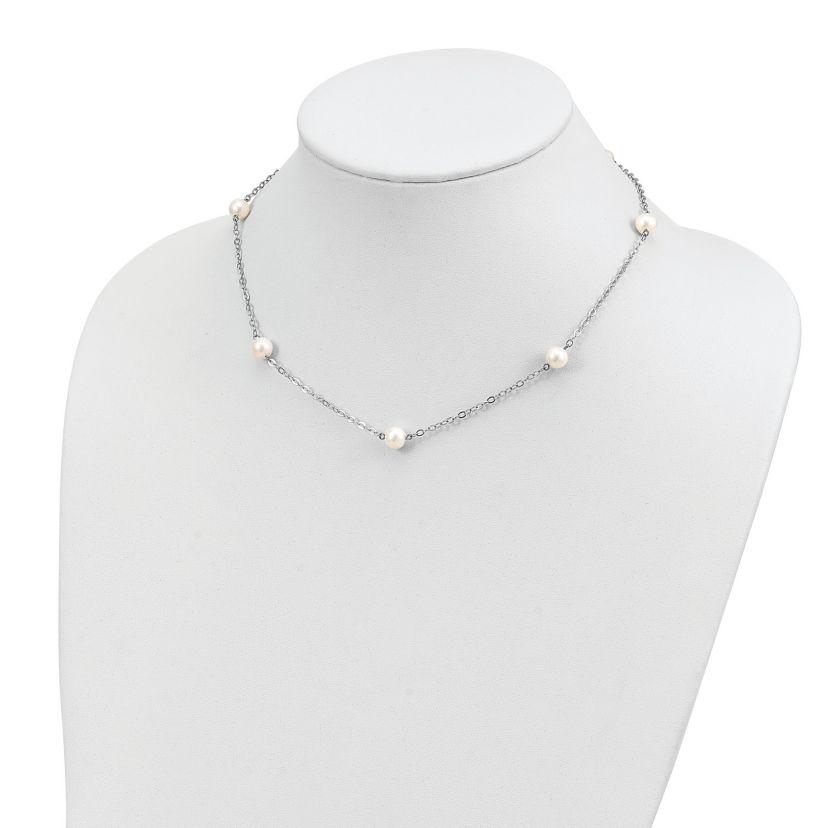 Sterling Silver Rhodium 7-8mm White Freshwater Cultured Pearl with 2-inch Extension Necklace