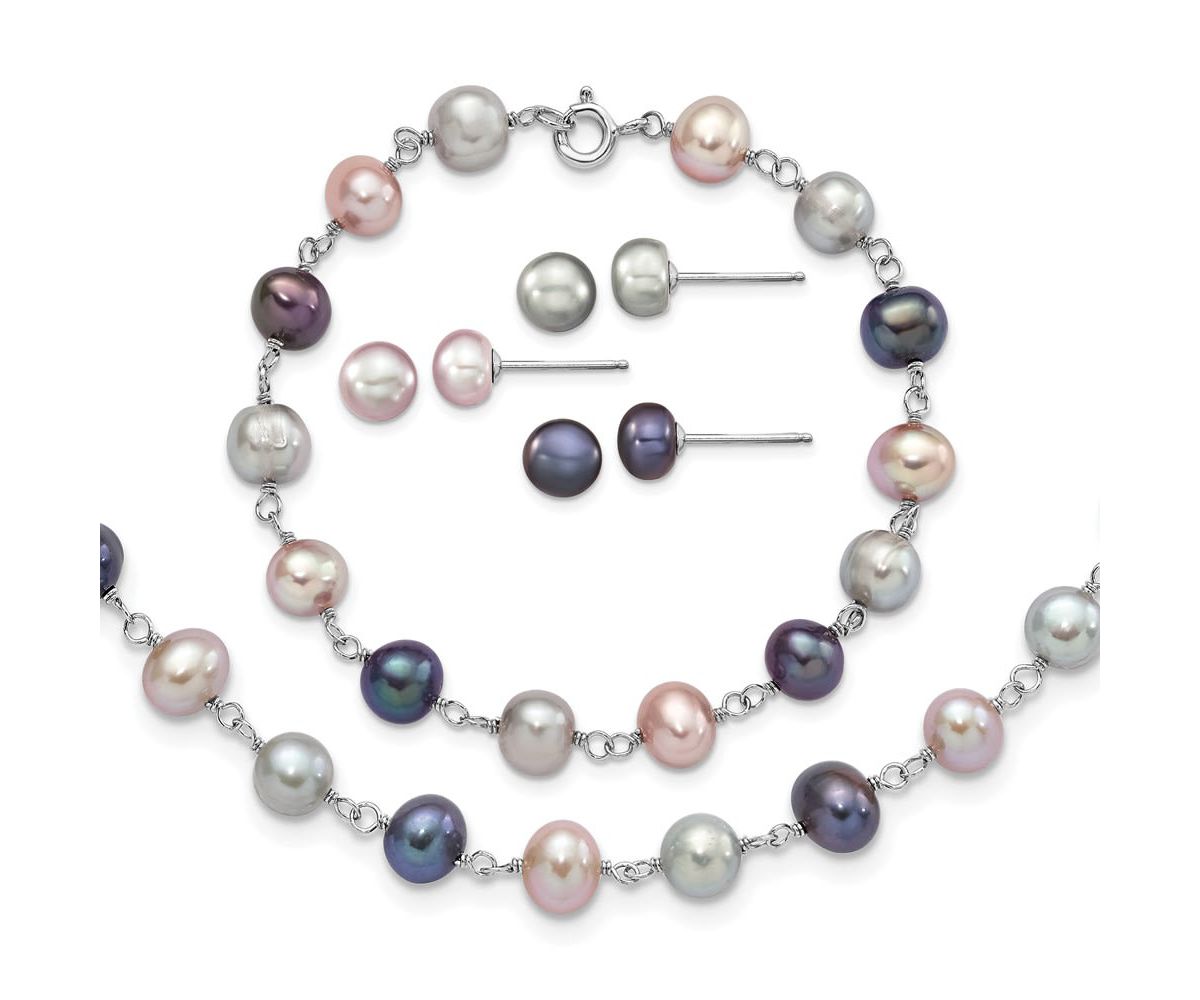 Sterling Silver Rhodium-plated Grey/Pink/Black FWC Pearl Necklace/7.25-inch Bracelet/3pc Earring