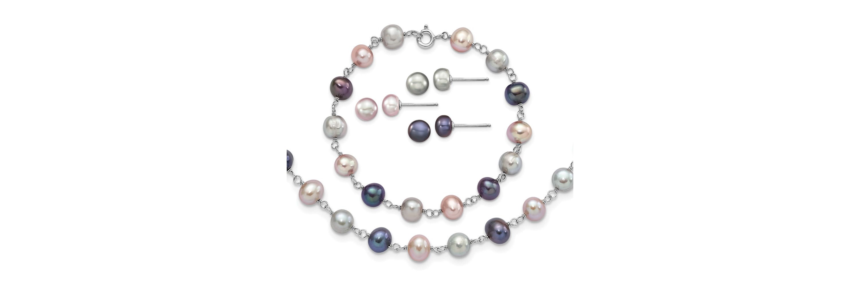 Sterling Silver Rhodium-plated Grey/Pink/Black FWC Pearl Necklace/7.25-inch Bracelet/3pc Earring