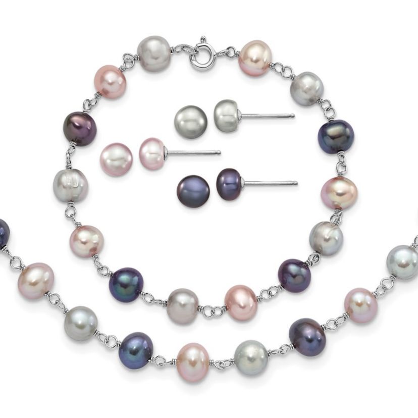 Sterling Silver Rhodium-plated Grey/Pink/Black FWC Pearl Necklace/7.25-inch Bracelet/3pc Earring
