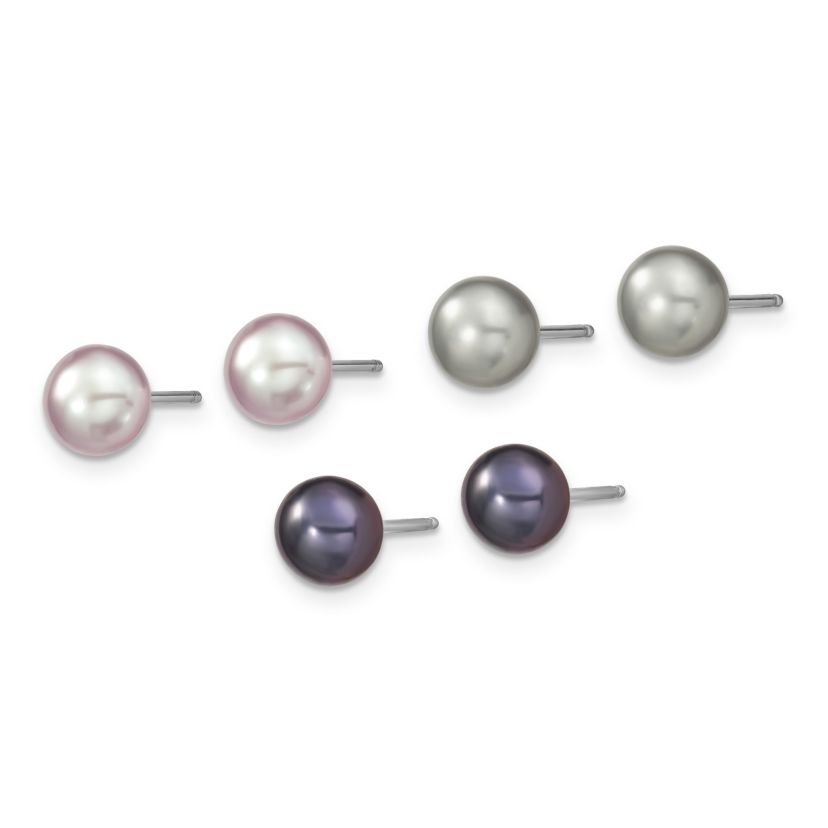 Sterling Silver Rhodium-plated Grey/Pink/Black FWC Pearl Necklace/7.25-inch Bracelet/3pc Earring