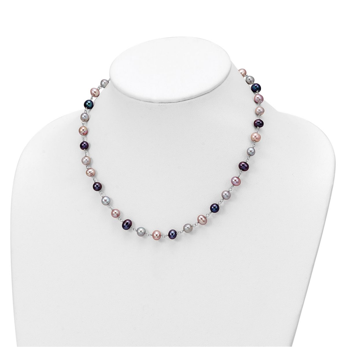 Sterling Silver Rhodium-plated Grey/Pink/Black FWC Pearl Necklace/7.25-inch Bracelet/3pc Earring