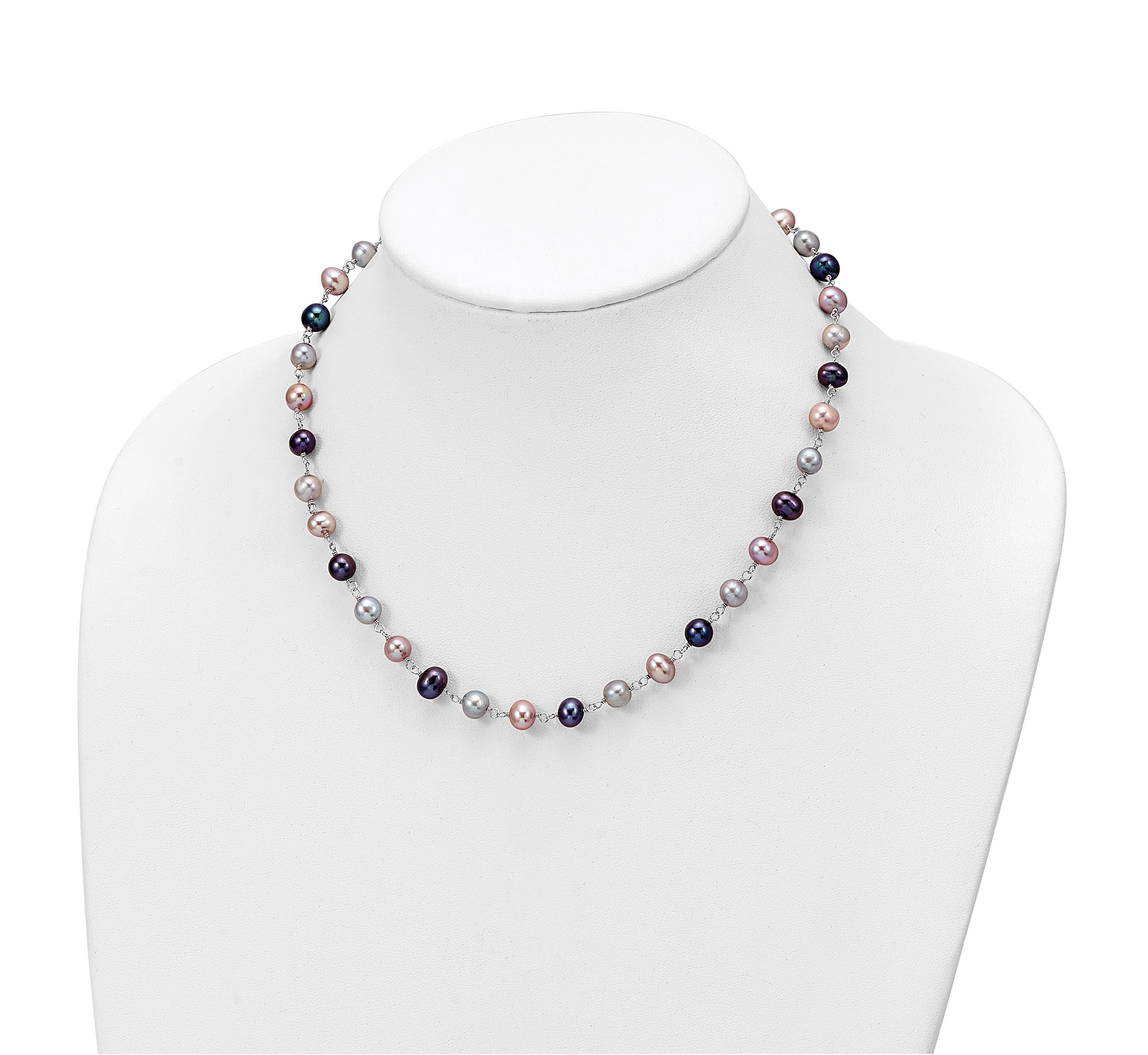 Sterling Silver Rhodium-plated Grey/Pink/Black FWC Pearl Necklace/7.25-inch Bracelet/3pc Earring