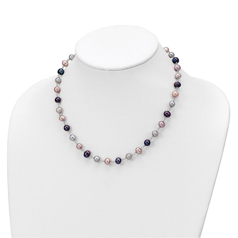 Sterling Silver Rhodium-plated Grey/Pink/Black FWC Pearl Necklace/7.25-inch Bracelet/3pc Earring