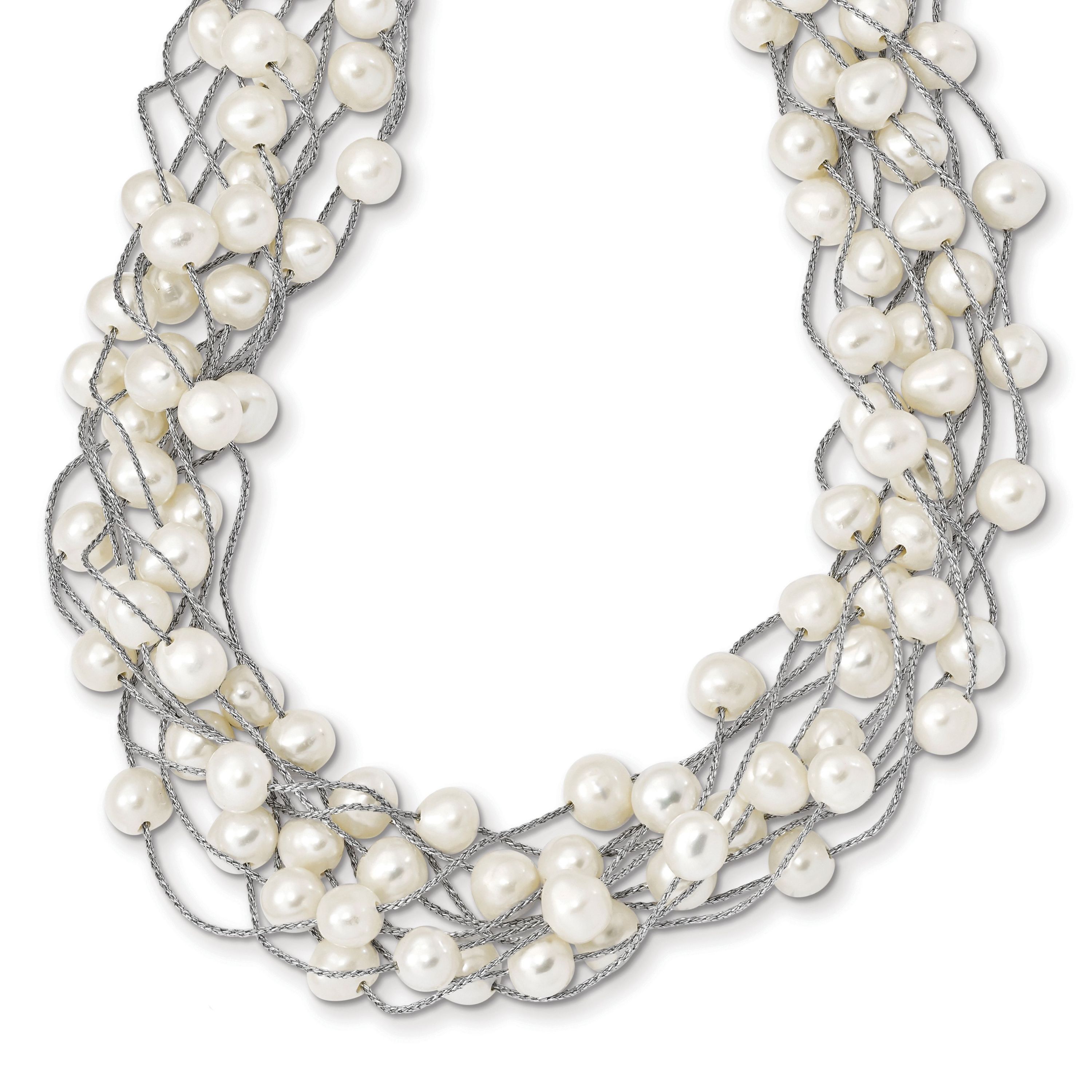 Sterling Silver Rhodium-plated 6-8mm White Freshwater Cultured Pearl Multi-strand Necklace