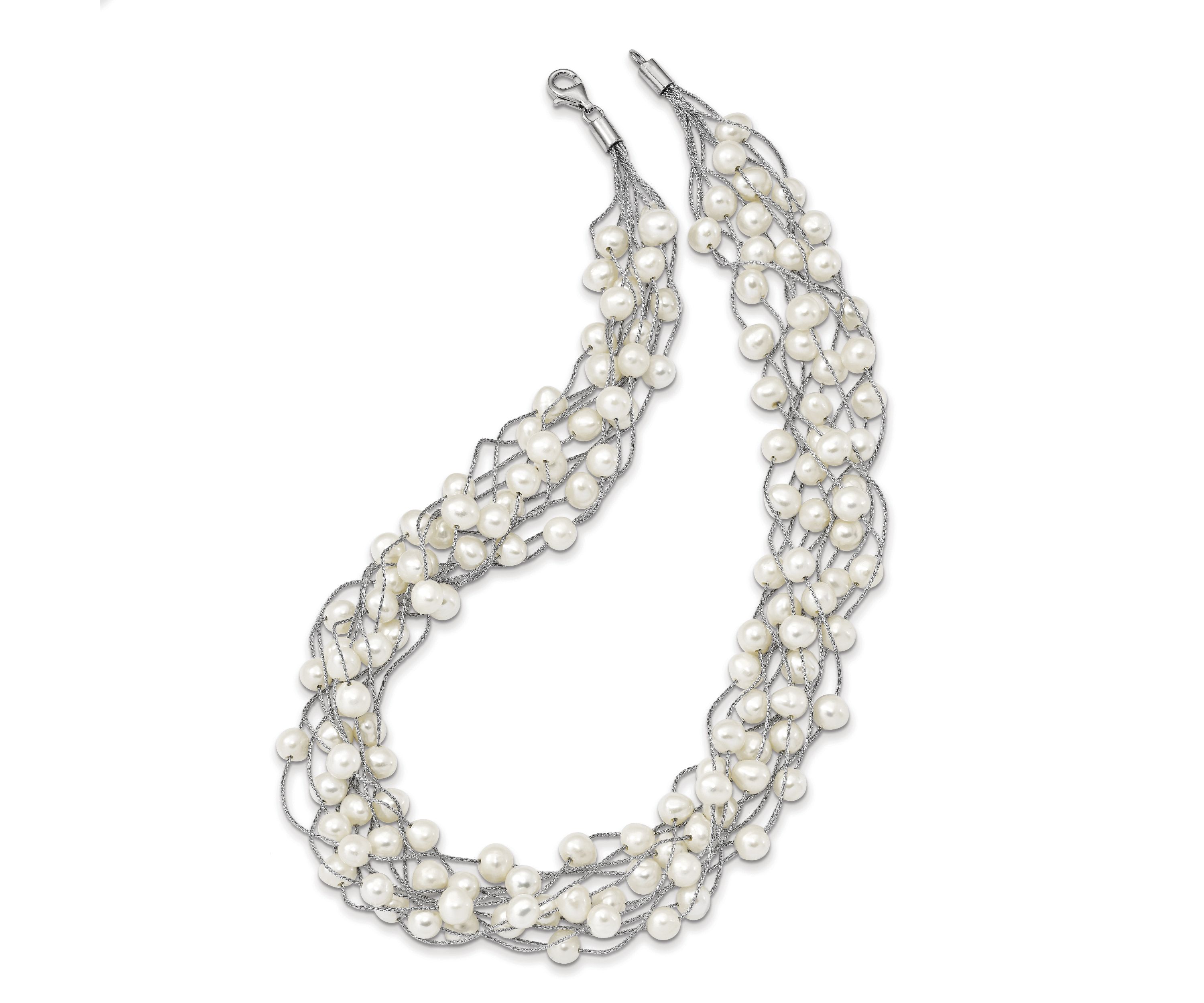 Sterling Silver Rhodium-plated 6-8mm White Freshwater Cultured Pearl Multi-strand Necklace