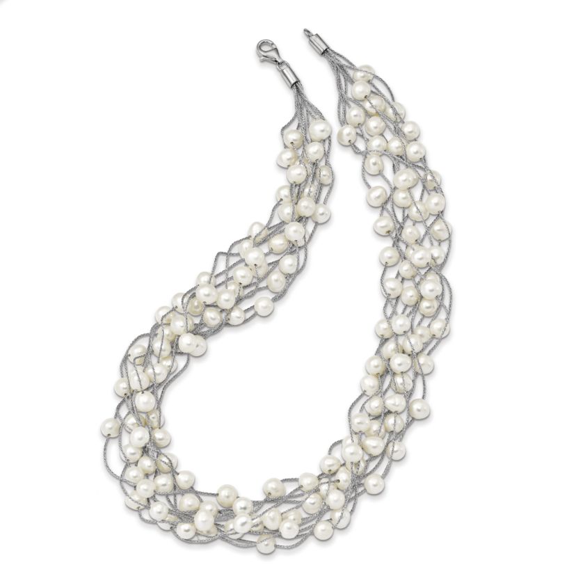 Sterling Silver Rhodium-plated 6-8mm White Freshwater Cultured Pearl Multi-strand Necklace