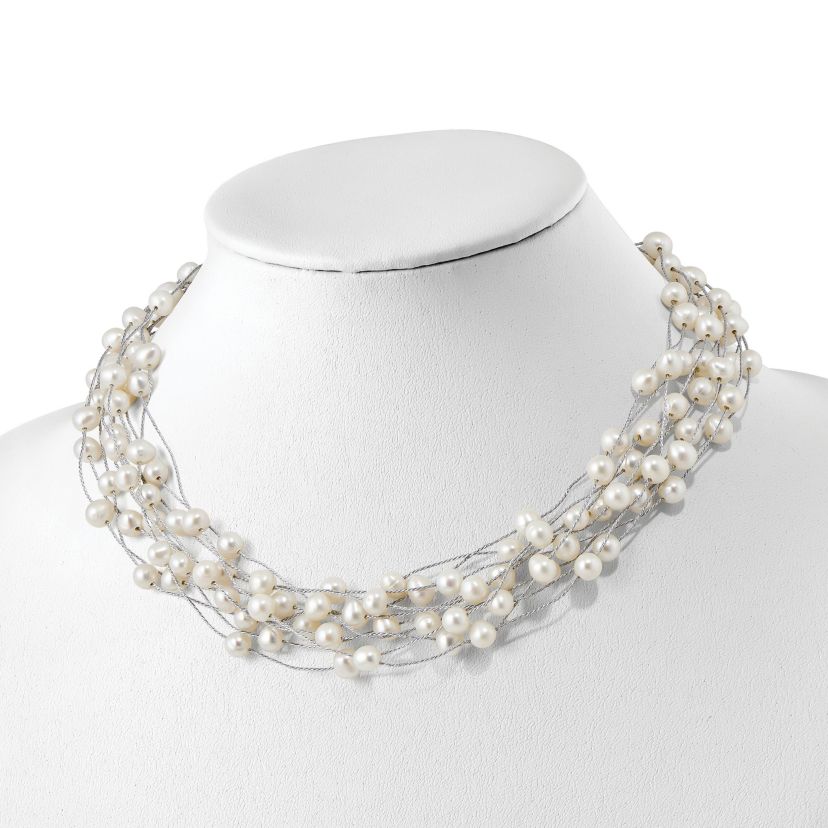 Sterling Silver Rhodium-plated 6-8mm White Freshwater Cultured Pearl Multi-strand Necklace