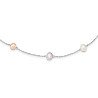 Belk & Co Sterling Silver Rhodium-plated 7-8mm Multi-color Freshwater Cultured Pearl 9 Station Necklace, White