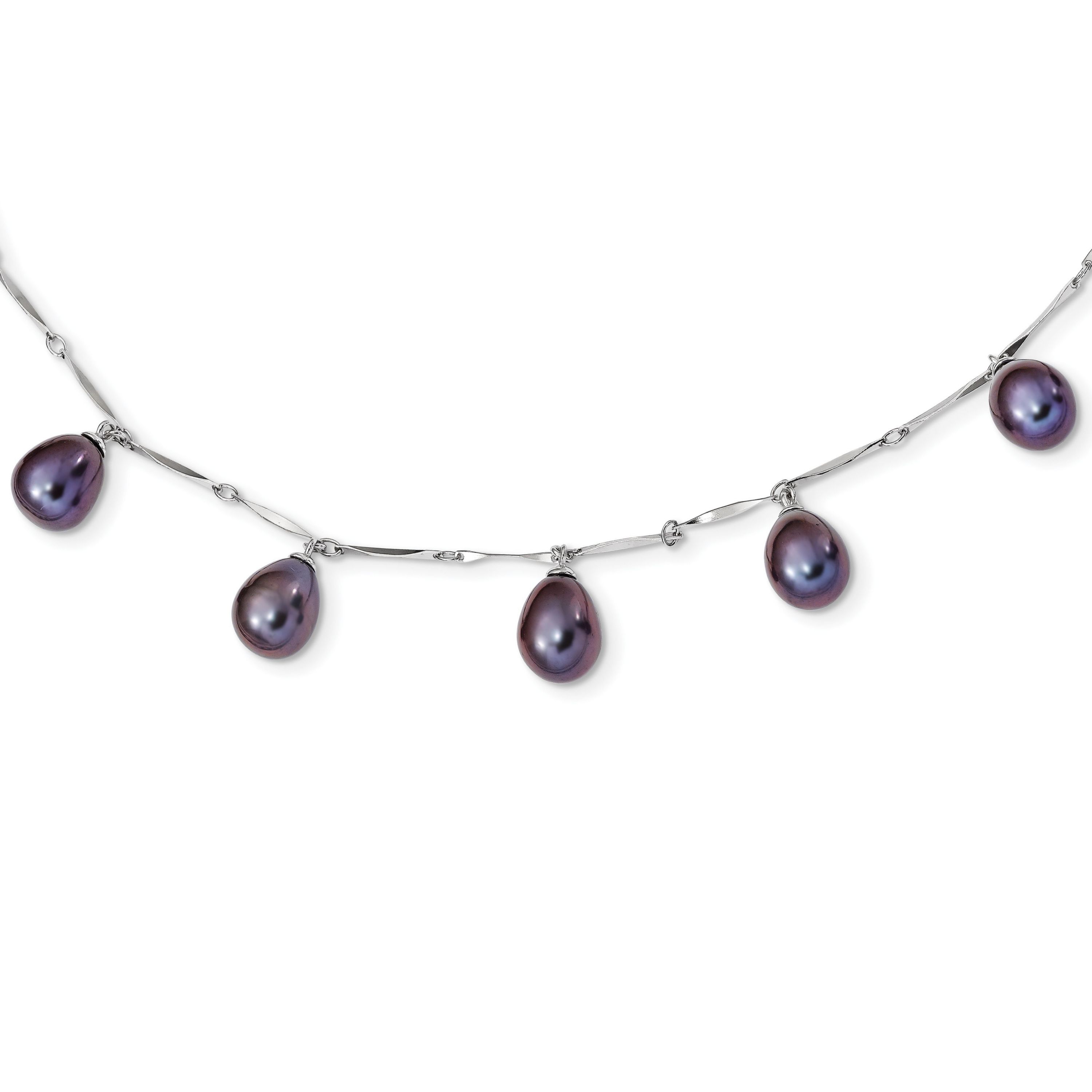 Sterling Silver Rhodium-plated 7-8mm Black Teardrop Freshwater Cultured Pearl Dangle Necklace