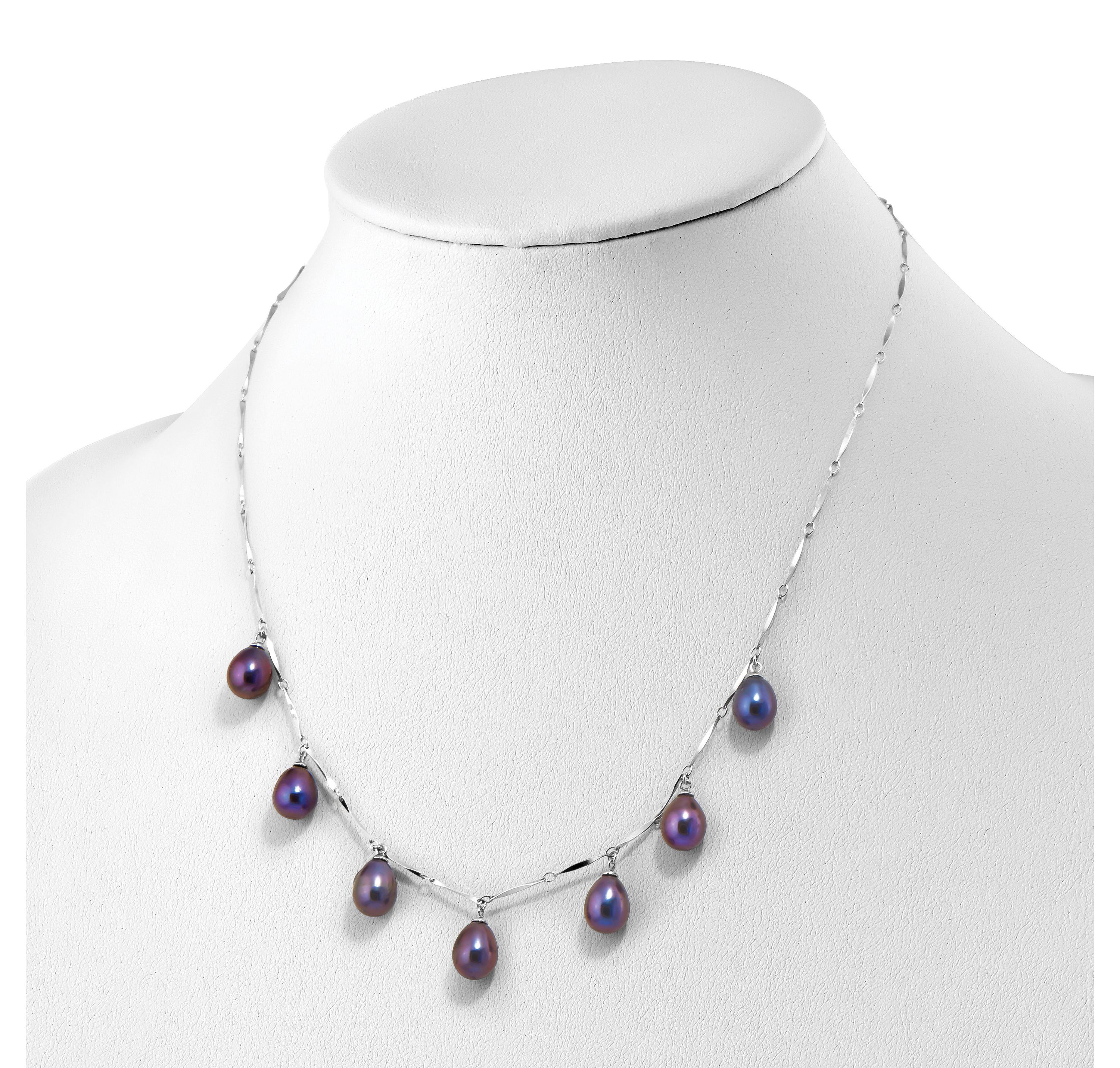 Sterling Silver Rhodium-plated 7-8mm Black Teardrop Freshwater Cultured Pearl Dangle Necklace