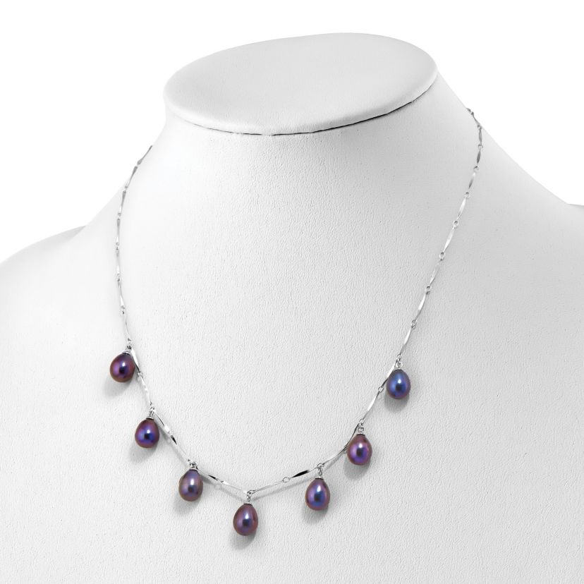 Sterling Silver Rhodium-plated 7-8mm Black Teardrop Freshwater Cultured Pearl Dangle Necklace