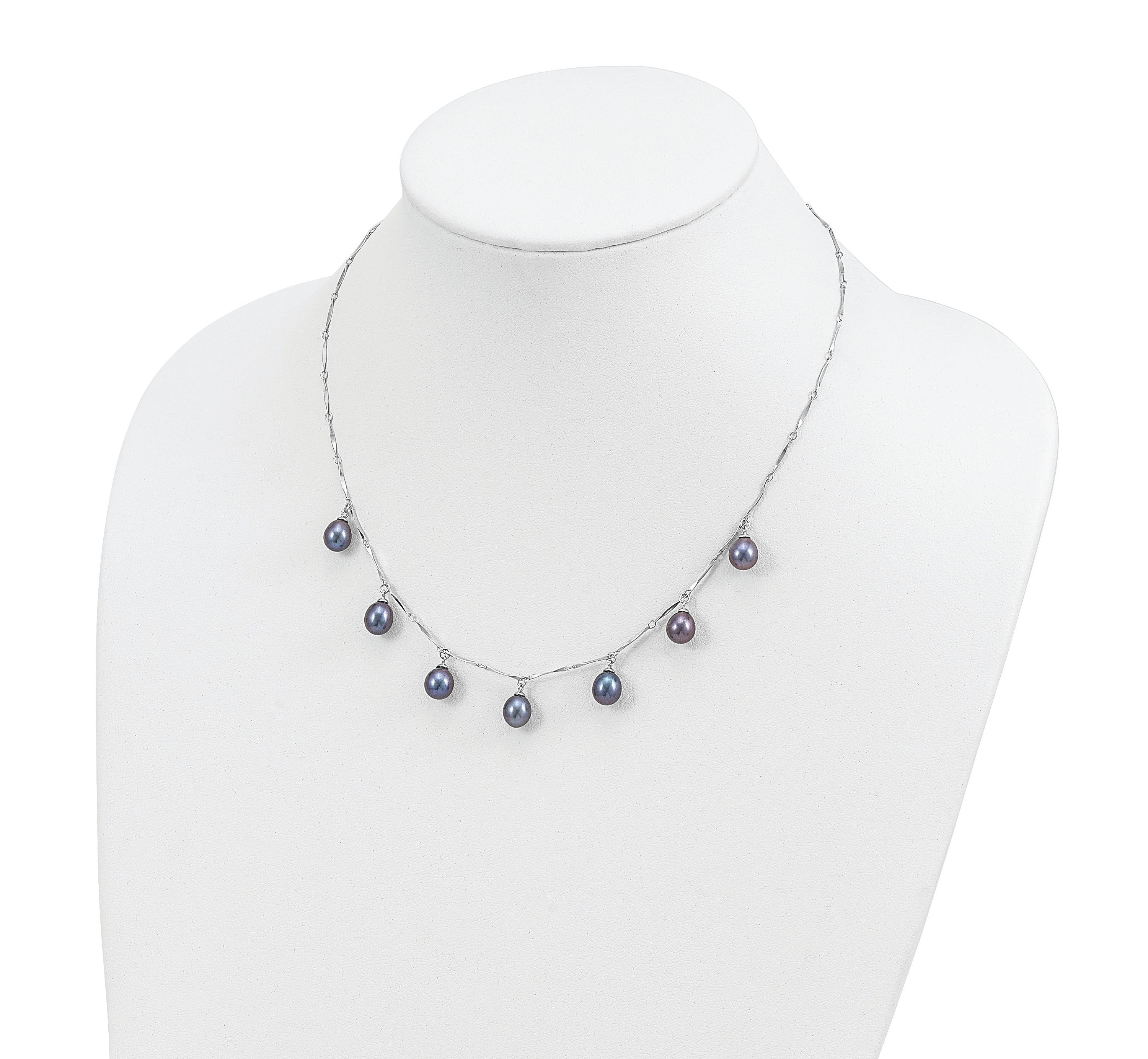 Sterling Silver Rhodium-plated 7-8mm Black Teardrop Freshwater Cultured Pearl Dangle Necklace