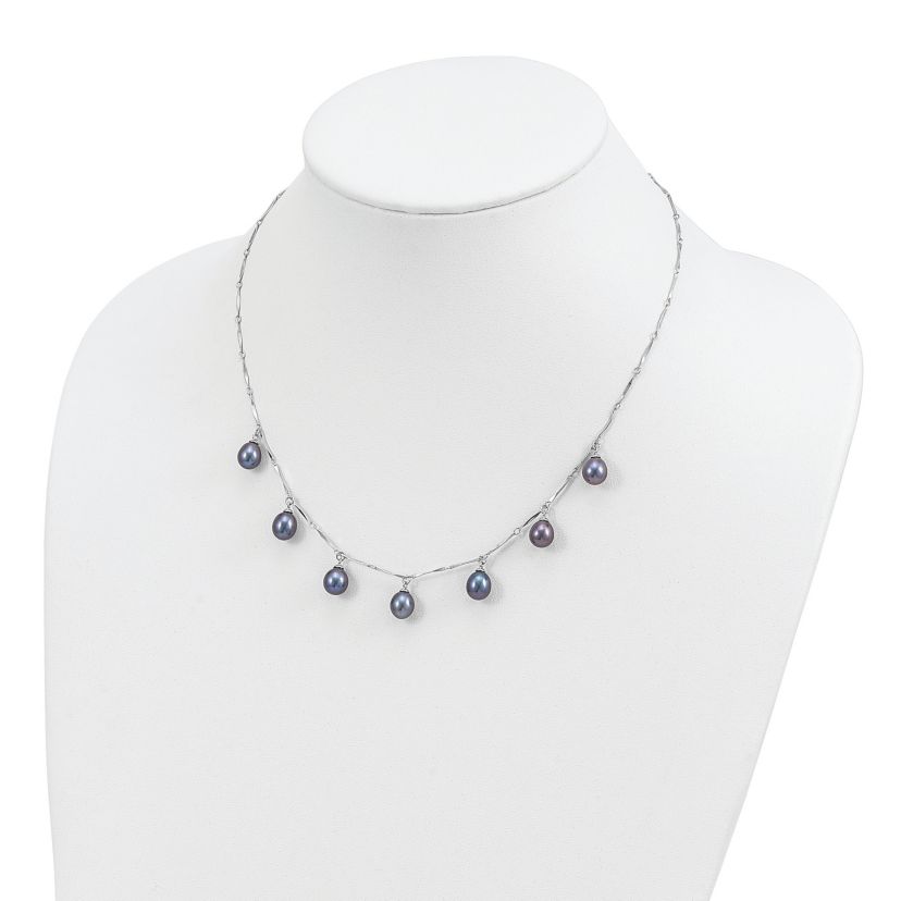Sterling Silver Rhodium-plated 7-8mm Black Teardrop Freshwater Cultured Pearl Dangle Necklace