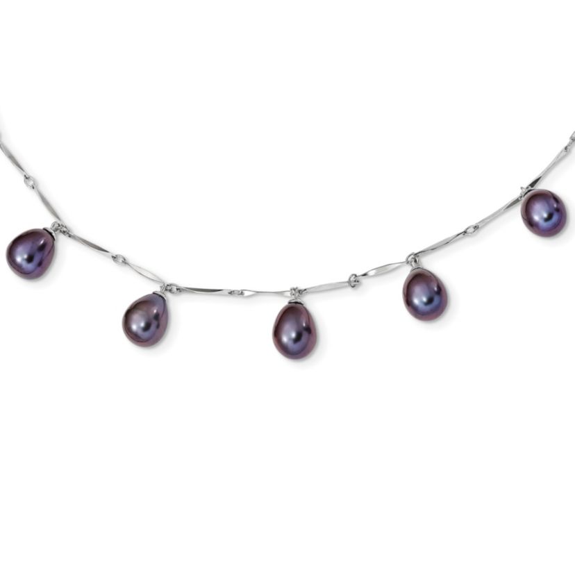 Sterling Silver Rhodium-plated 7-8mm Black Teardrop Freshwater Cultured Pearl Dangle Necklace