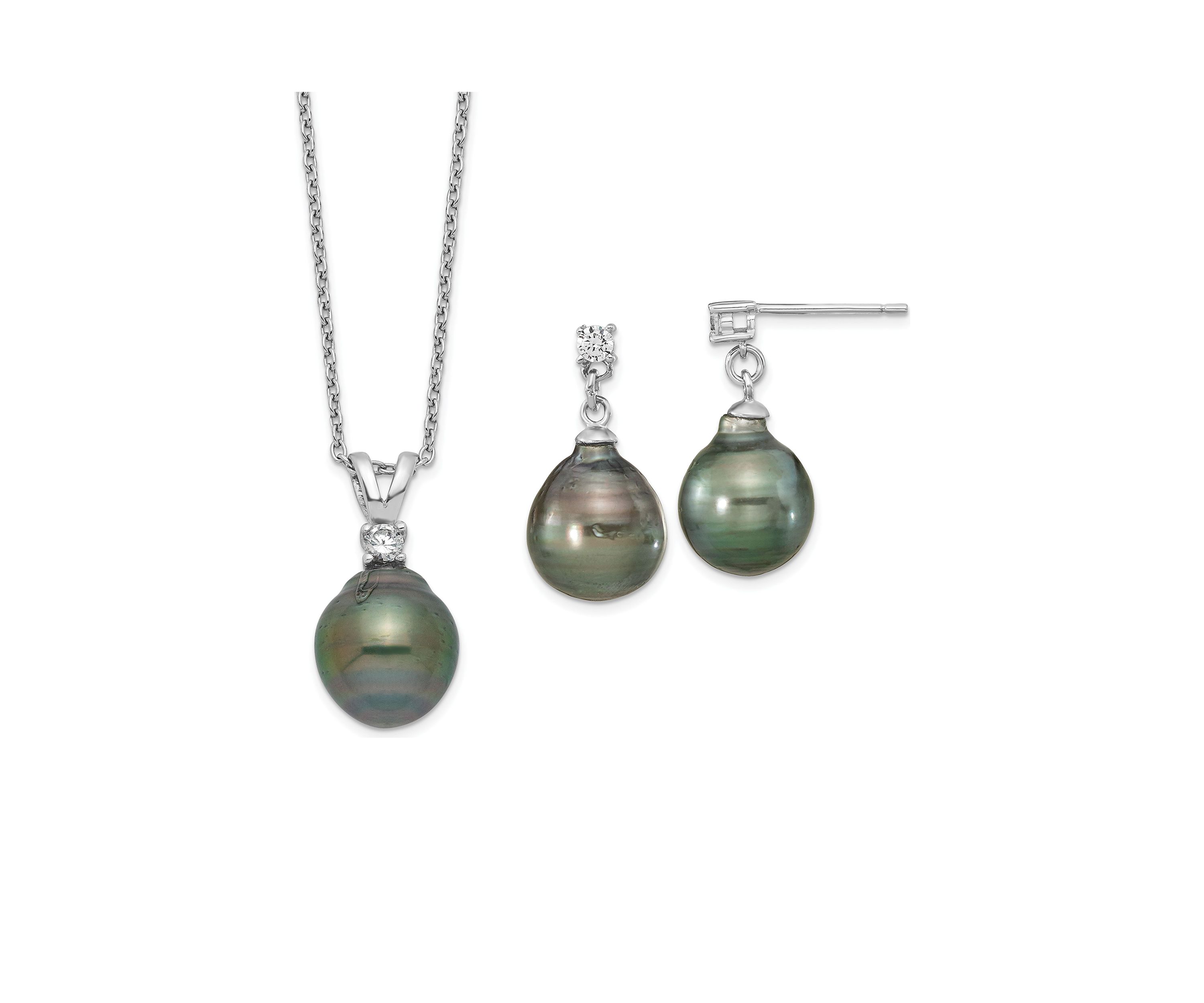 Sterling Silver Rhodium-plated 9-10mm Teardrop Tahitian Saltwater Pearl Cubic Zirconia Earrings and Necklace Set