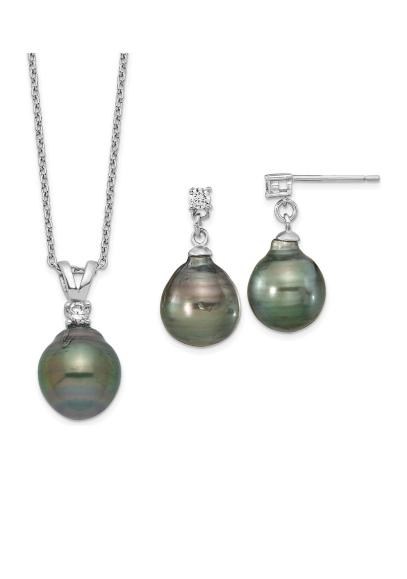 Sterling Silver Rhodium-plated 9-10mm Teardrop Tahitian Saltwater Pearl Cubic Zirconia Earrings and Necklace Set