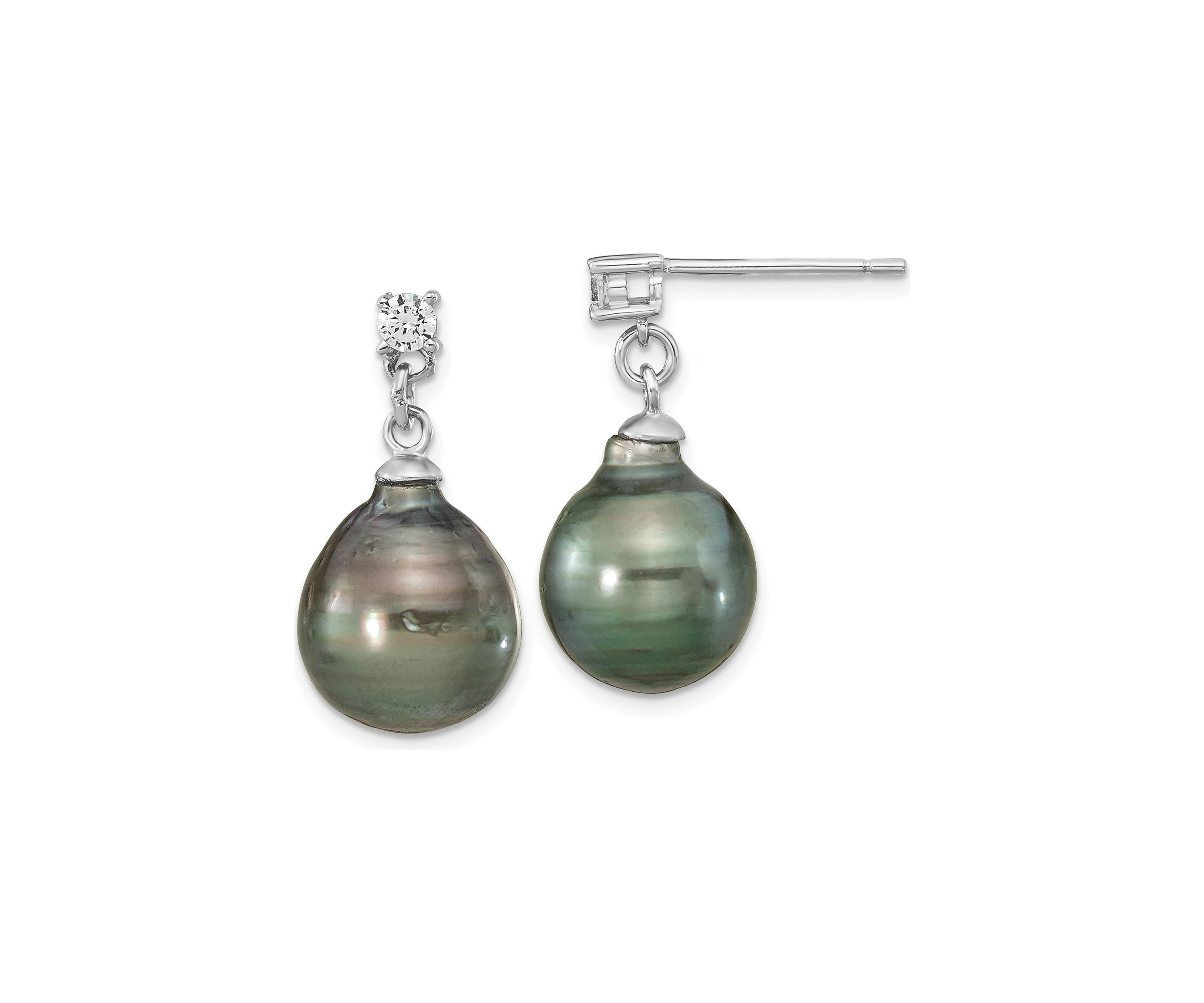 Sterling Silver Rhodium-plated 9-10mm Teardrop Tahitian Saltwater Pearl Cubic Zirconia Earrings and Necklace Set