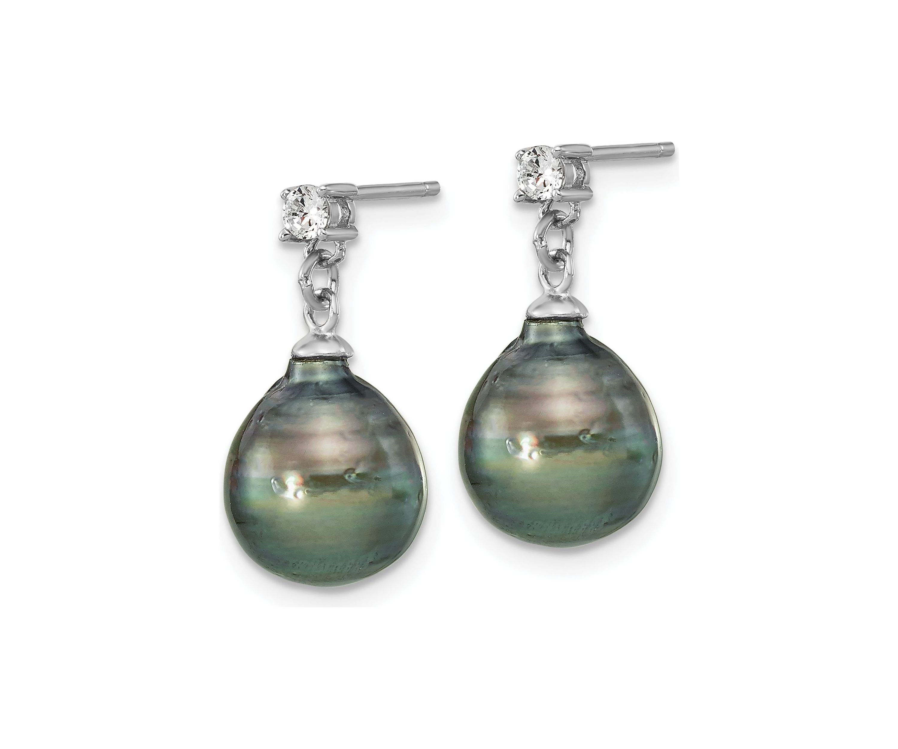 Sterling Silver Rhodium-plated 9-10mm Teardrop Tahitian Saltwater Pearl Cubic Zirconia Earrings and Necklace Set