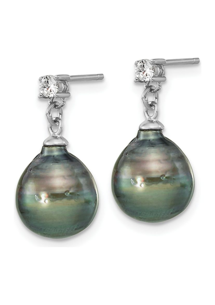 Sterling Silver Rhodium-plated 9-10mm Teardrop Tahitian Saltwater Pearl Cubic Zirconia Earrings and Necklace Set