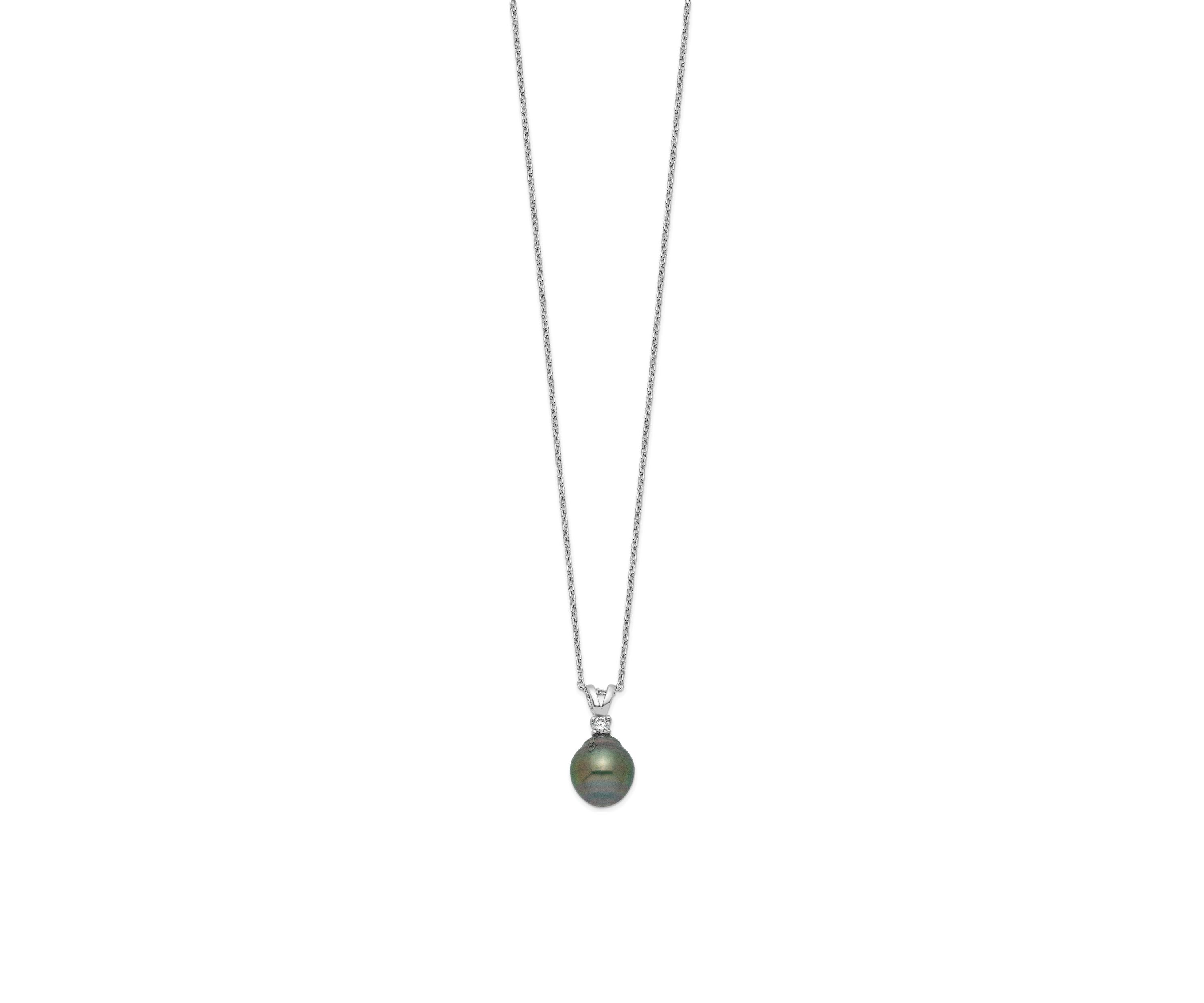 Sterling Silver Rhodium-plated 9-10mm Teardrop Tahitian Saltwater Pearl Cubic Zirconia Earrings and Necklace Set