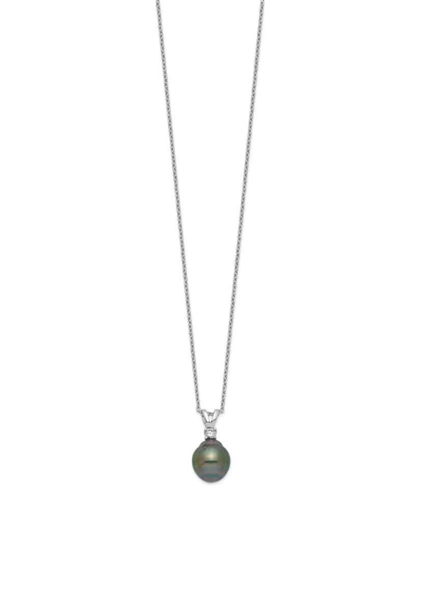 Sterling Silver Rhodium-plated 9-10mm Teardrop Tahitian Saltwater Pearl Cubic Zirconia Earrings and Necklace Set