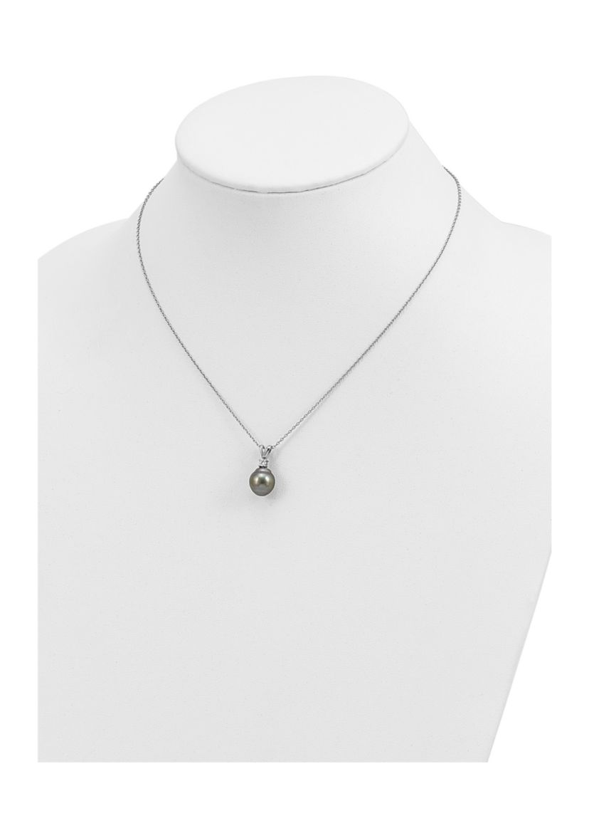 Sterling Silver Rhodium-plated 9-10mm Teardrop Tahitian Saltwater Pearl Cubic Zirconia Earrings and Necklace Set