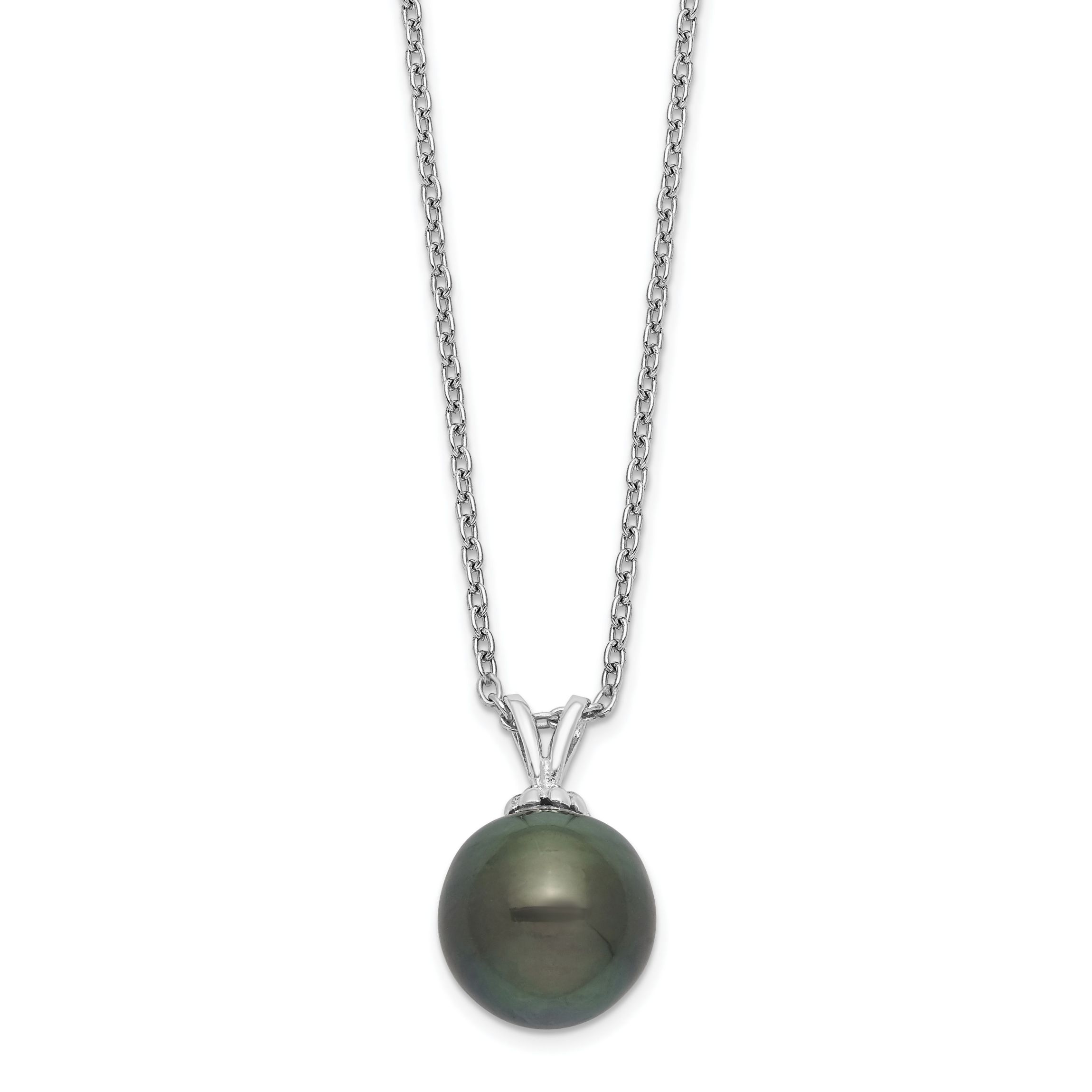 Sterling Silver Rhodium 9-10mm Teardrop Tahitian Saltwater Pearl Necklace