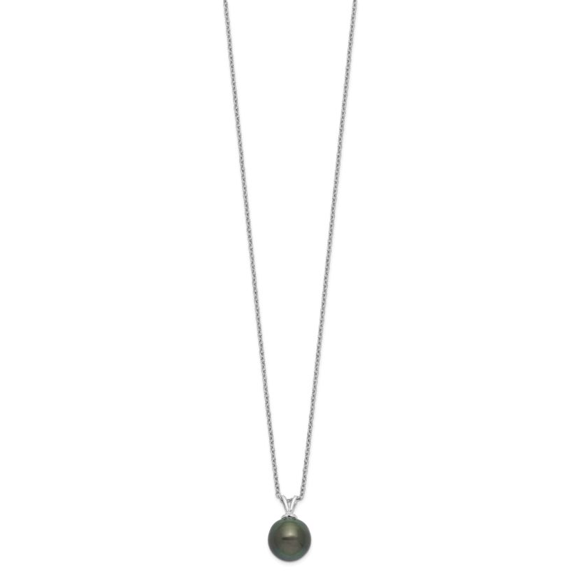 Sterling Silver Rhodium 9-10mm Teardrop Tahitian Saltwater Pearl Necklace