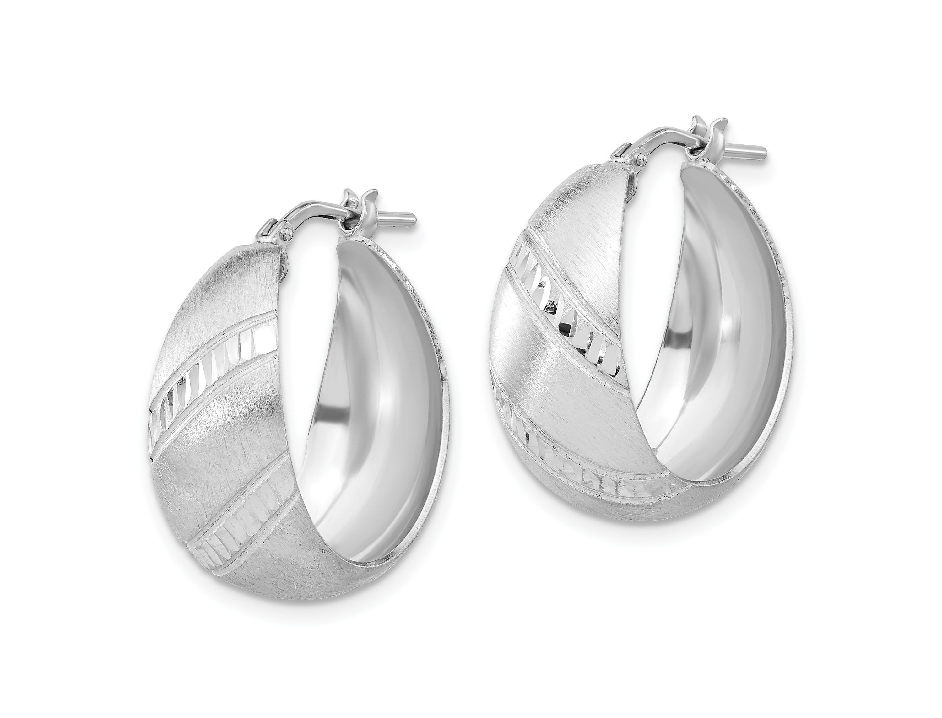 Sterling Silver Rhodium-plated Satin and Diamond-cut Hoop Earrings