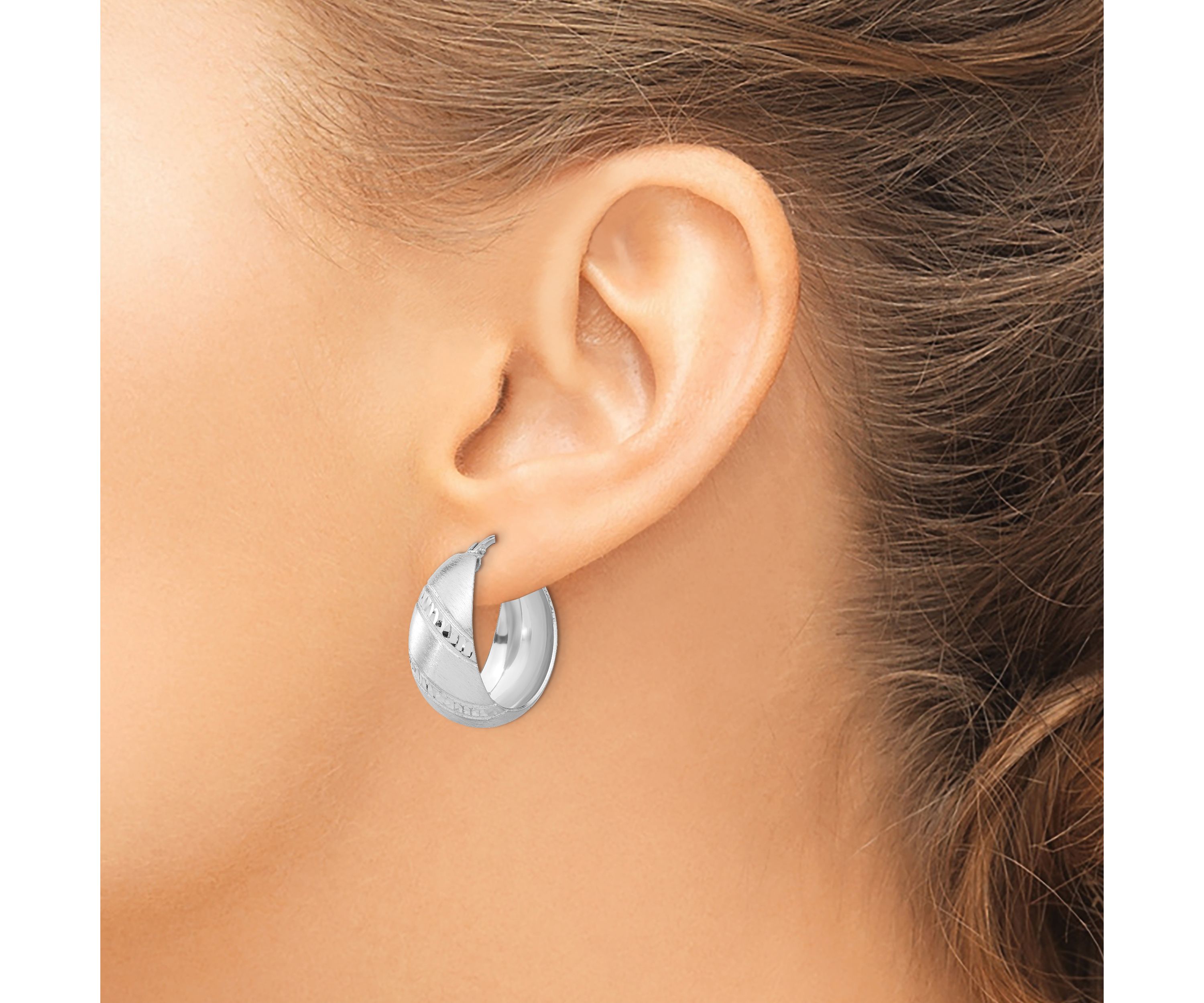 Sterling Silver Rhodium-plated Satin and Diamond-cut Hoop Earrings