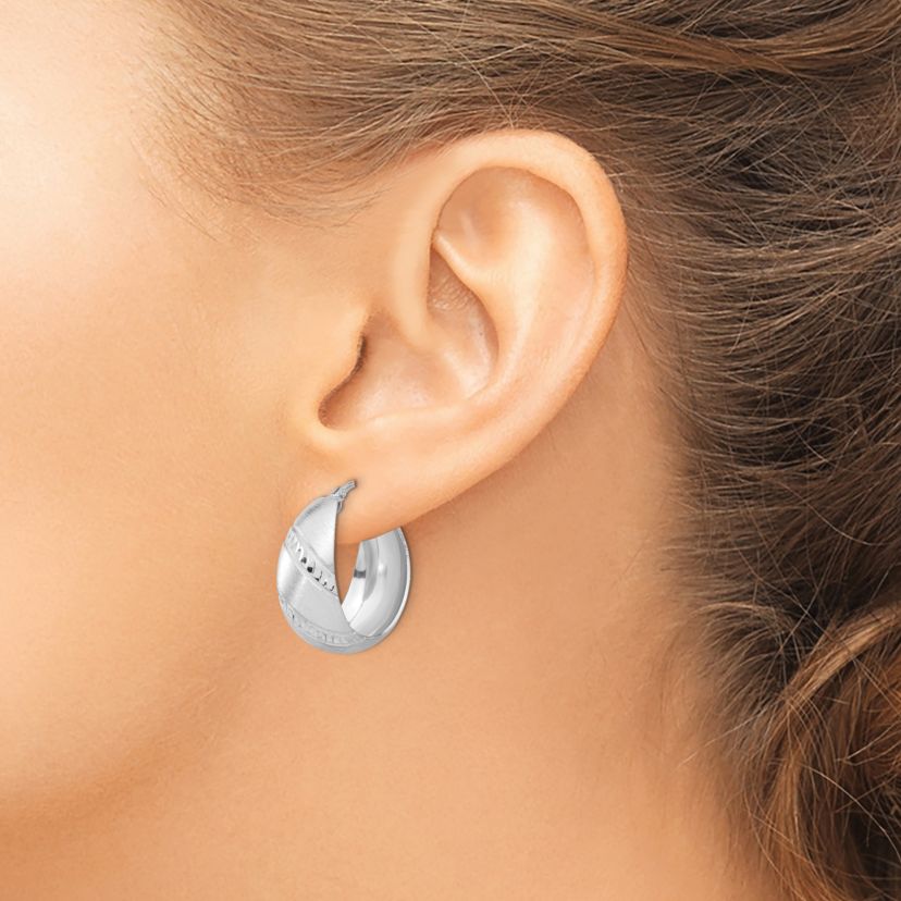 Sterling Silver Rhodium-plated Satin and Diamond-cut Hoop Earrings