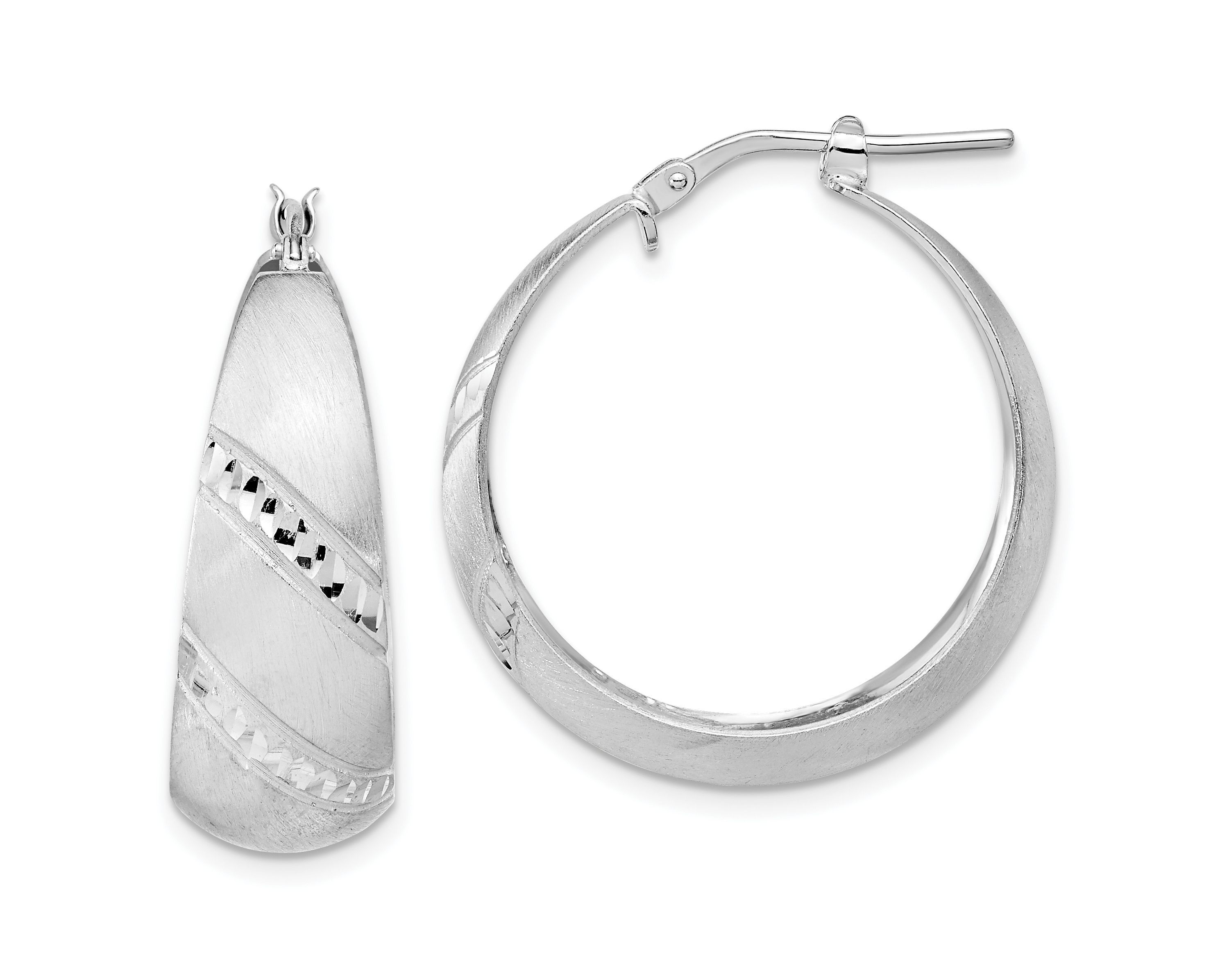 Sterling Silver Rhodium-plated Satin Diamond-cut Hoop Earrings