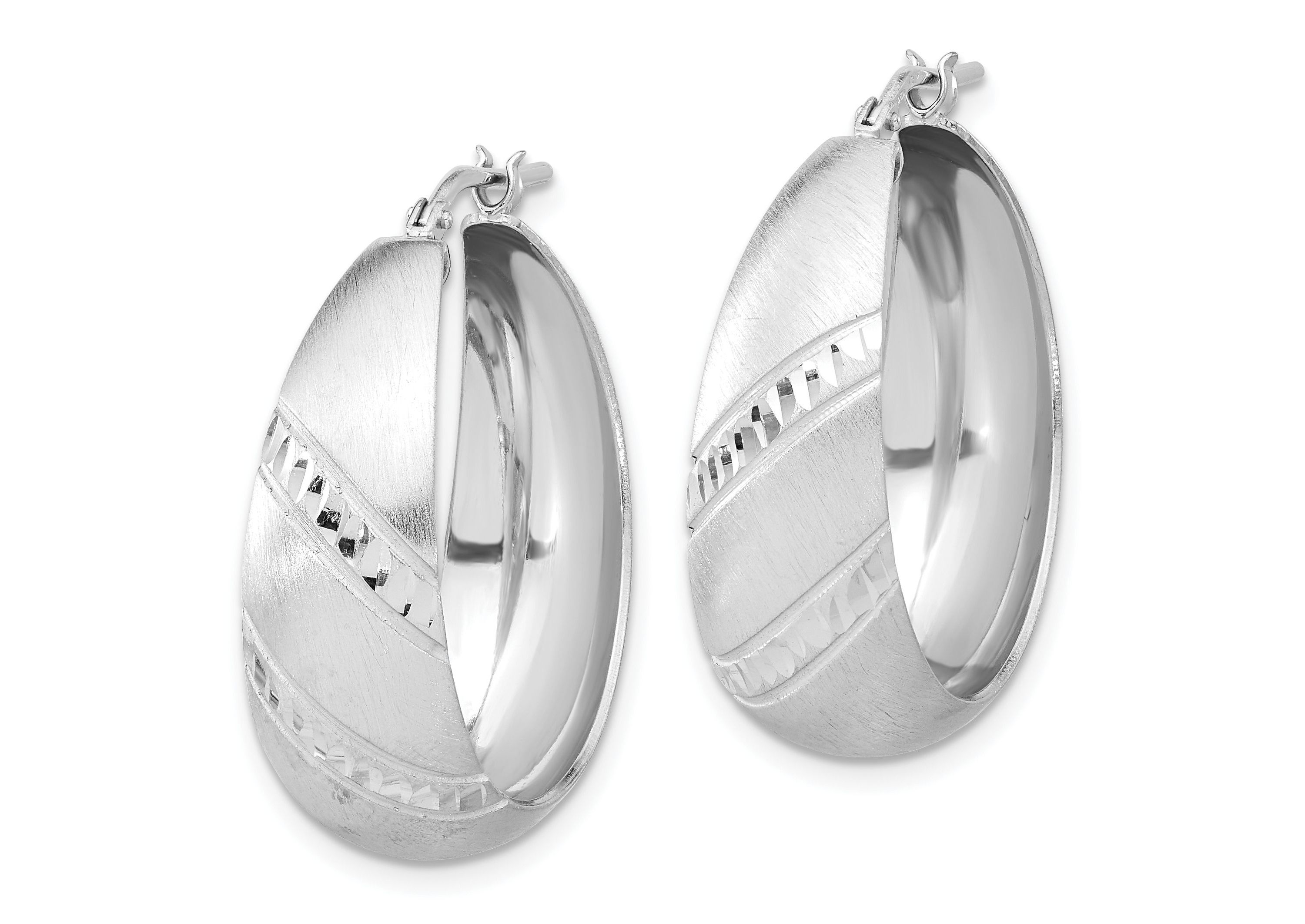 Sterling Silver Rhodium-plated Satin Diamond-cut Hoop Earrings