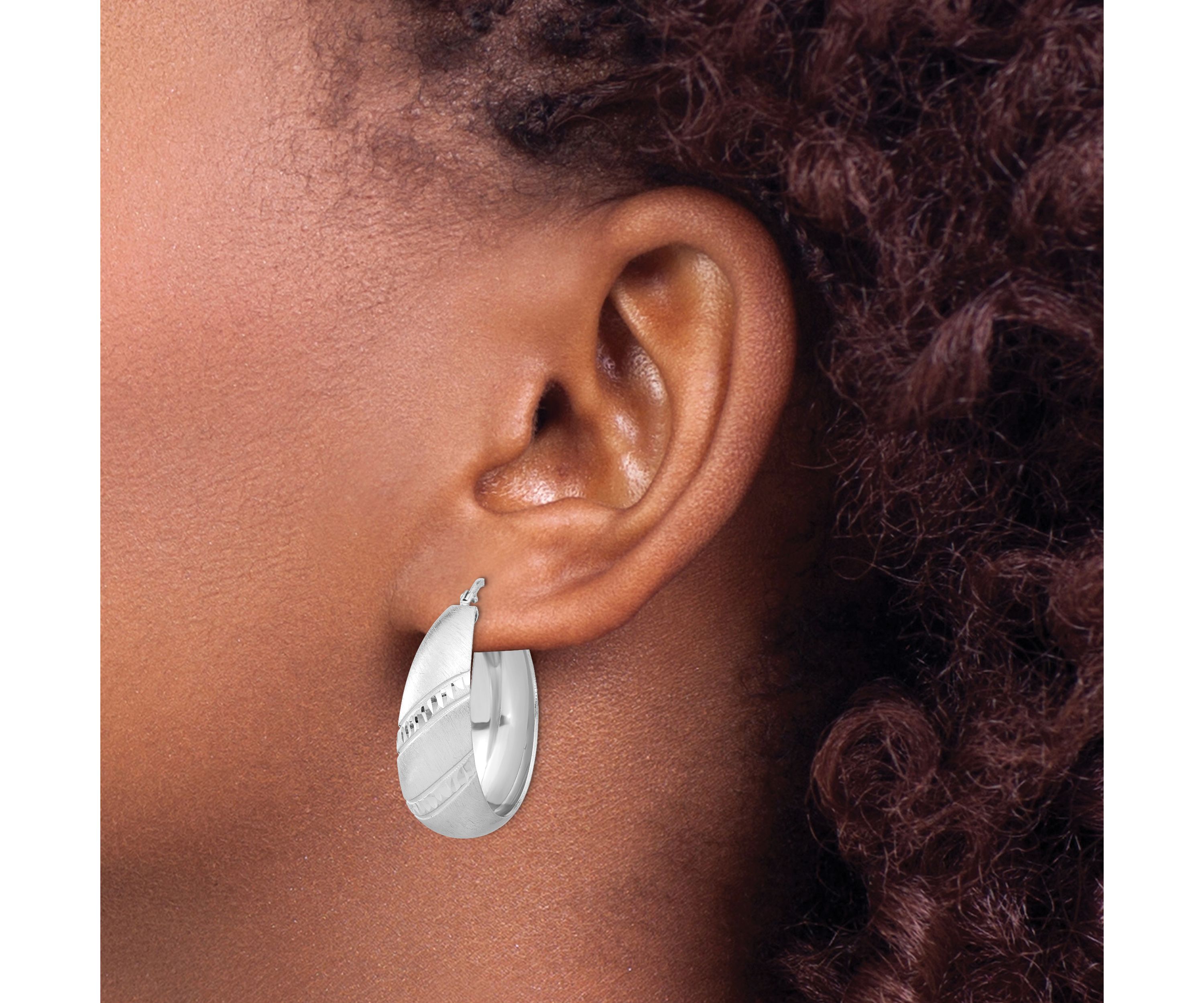 Sterling Silver Rhodium-plated Satin Diamond-cut Hoop Earrings