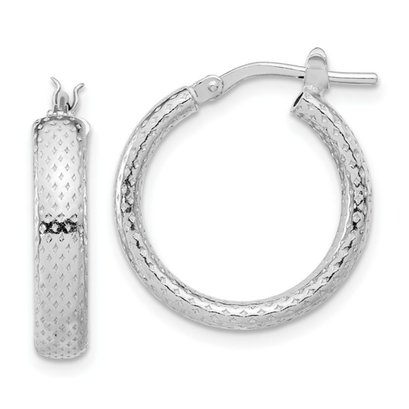 Sterling Silver Rhodium-plated Polished and Textured Hoop Earrings