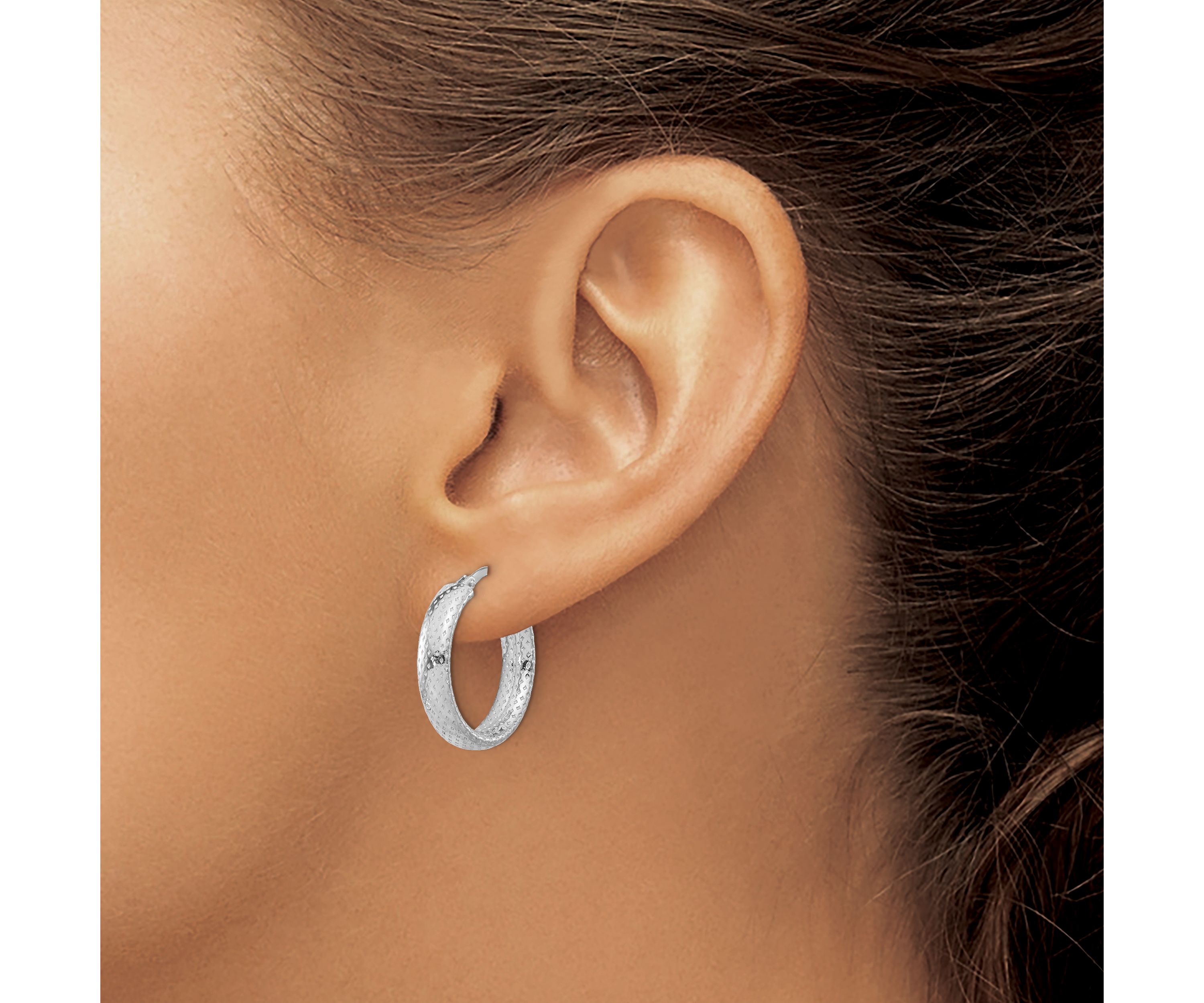 Sterling Silver Rhodium-plated Polished and Textured Hoop Earrings