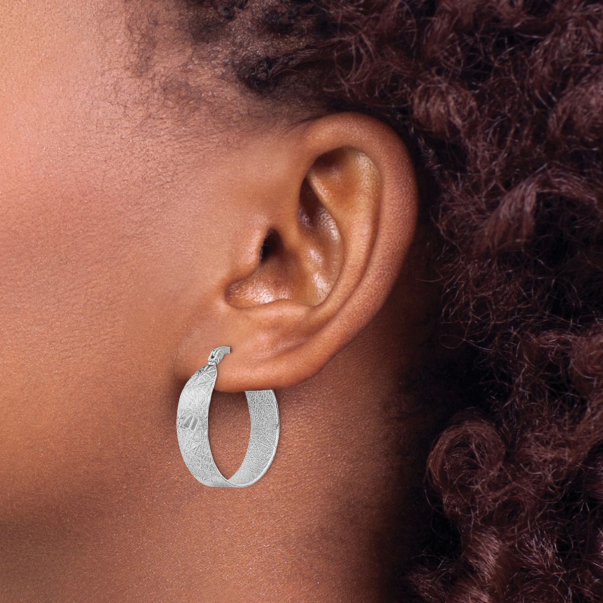 Sterling Silver Rhodium-plated Textured Hoop Earrings