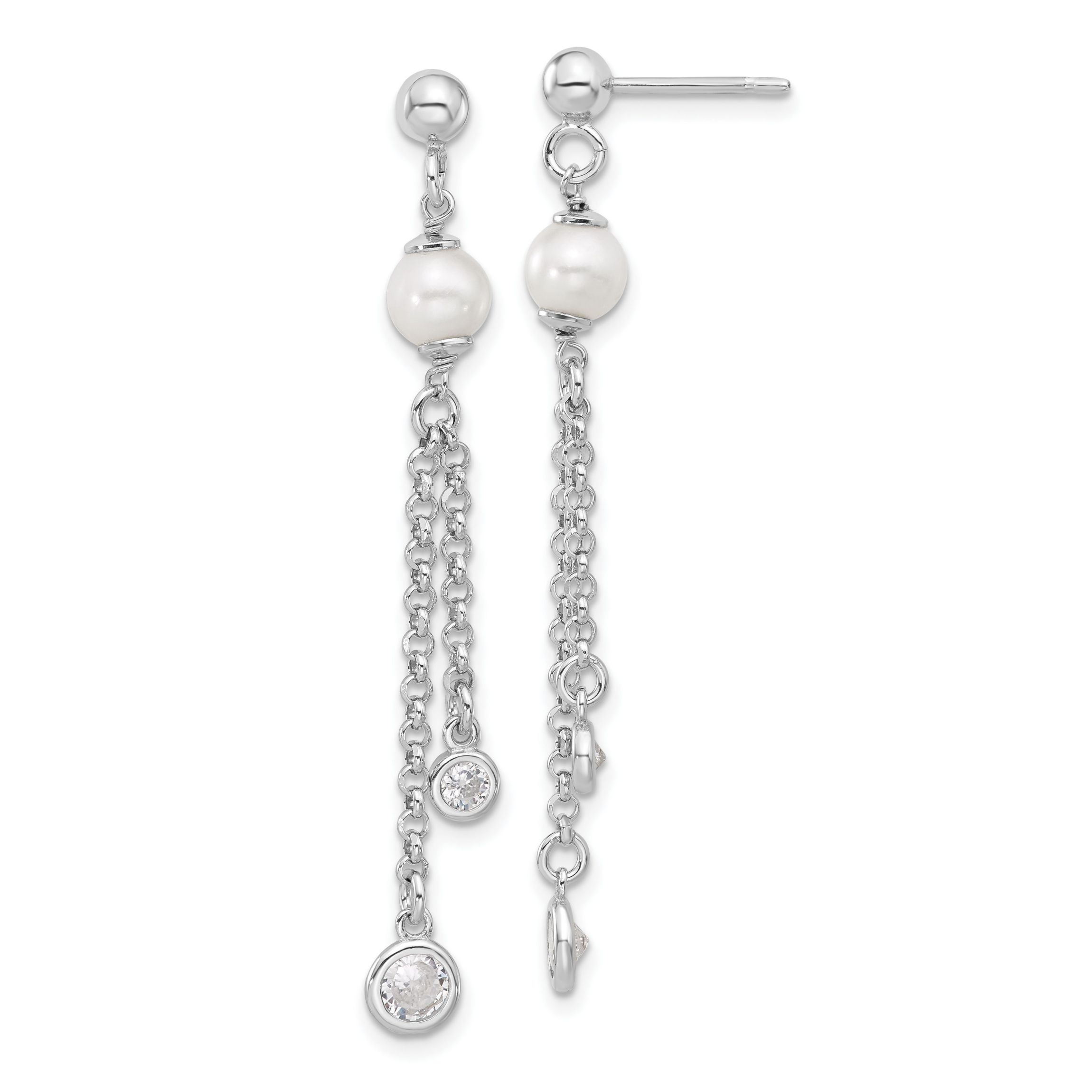 Sterling Silver Rhodium-plated Polished Cubic Zirconia and Freshwater Cultured Pearl Dangle Post Earrings