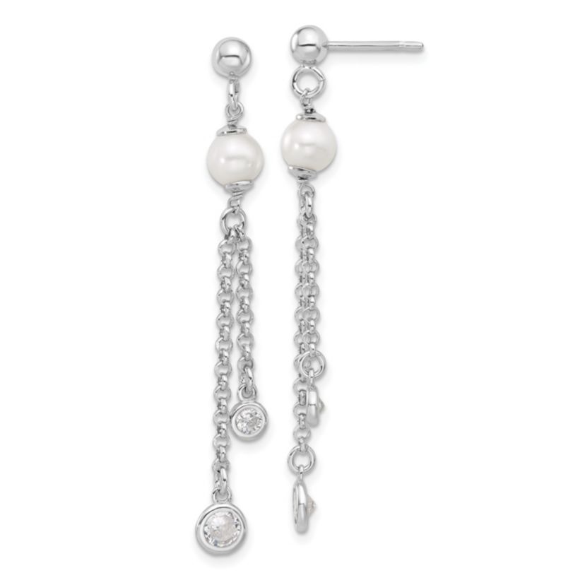 Sterling Silver Rhodium-plated Polished Cubic Zirconia and Freshwater Cultured Pearl Dangle Post Earrings