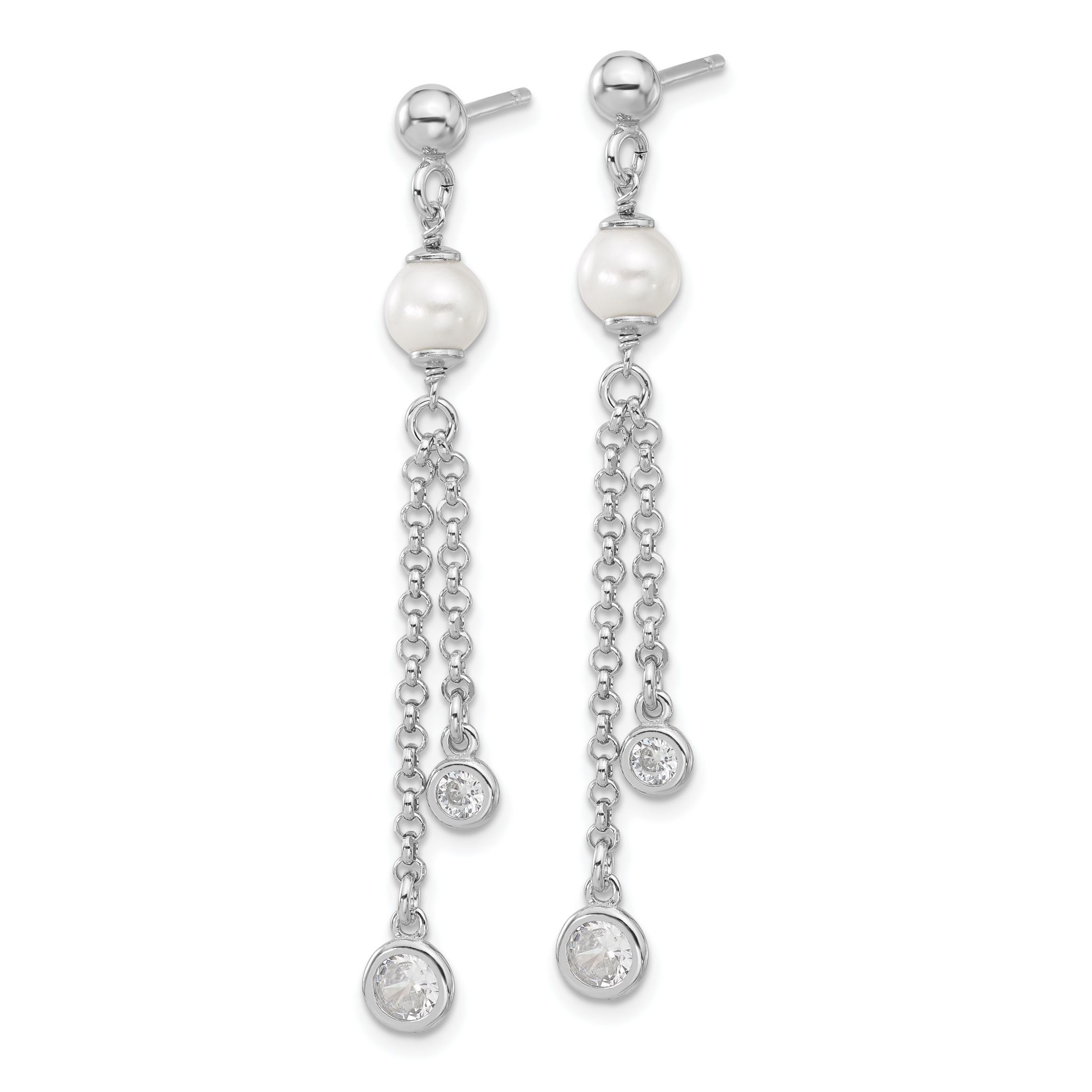 Sterling Silver Rhodium-plated Polished Cubic Zirconia and Freshwater Cultured Pearl Dangle Post Earrings