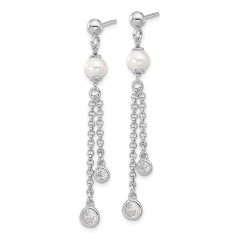 Sterling Silver Rhodium-plated Polished Cubic Zirconia and Freshwater Cultured Pearl Dangle Post Earrings