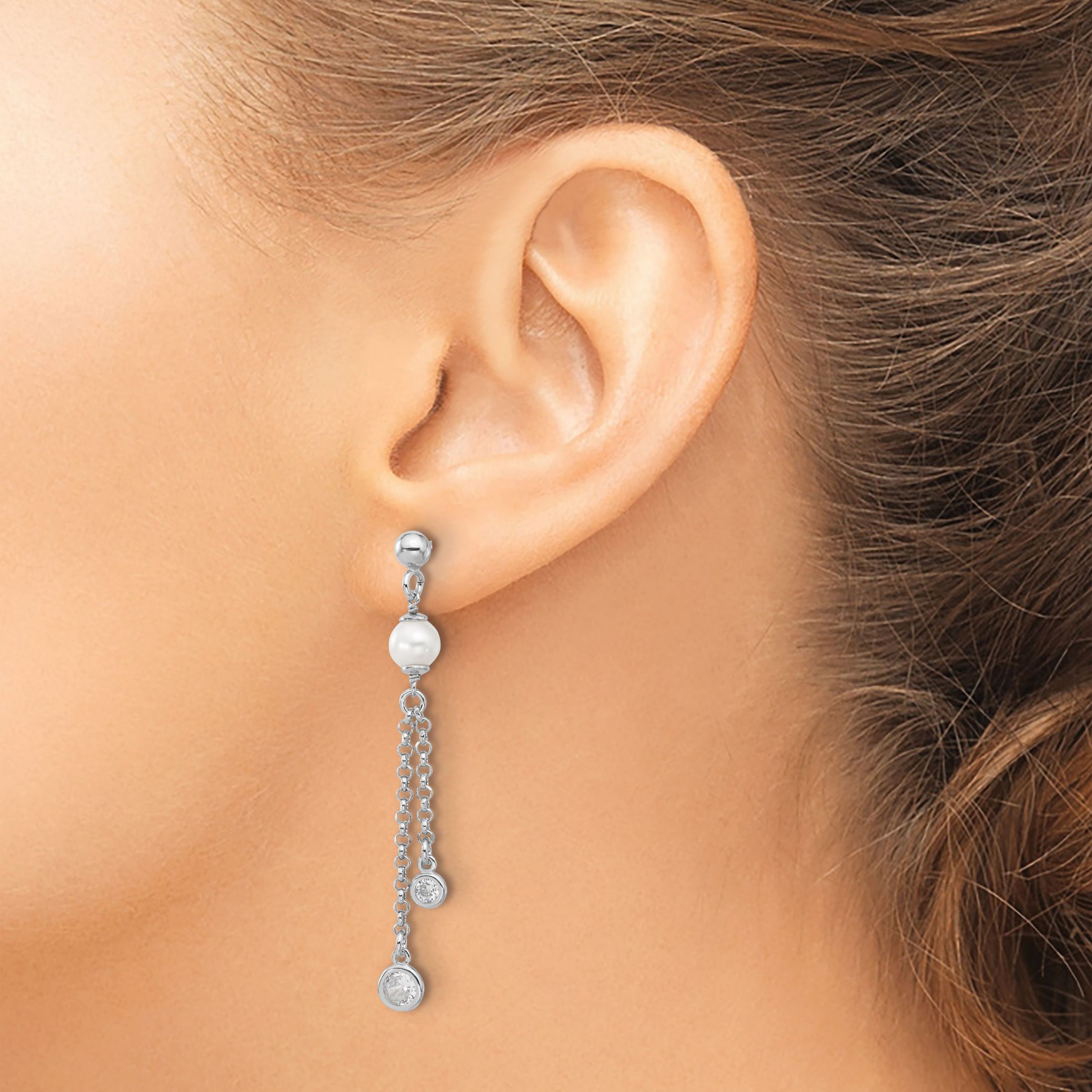 Sterling Silver Rhodium-plated Polished Cubic Zirconia and Freshwater Cultured Pearl Dangle Post Earrings