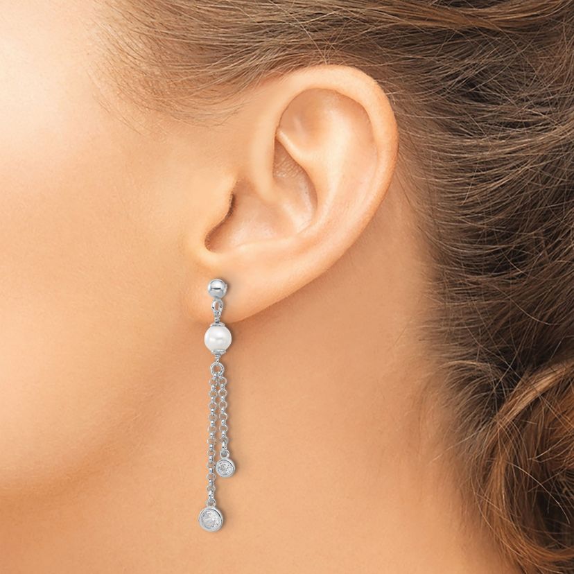 Sterling Silver Rhodium-plated Polished Cubic Zirconia and Freshwater Cultured Pearl Dangle Post Earrings