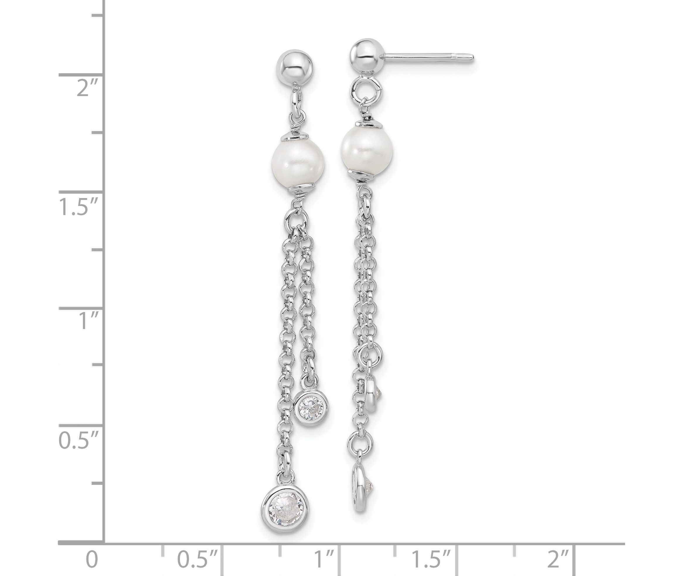 Sterling Silver Rhodium-plated Polished Cubic Zirconia and Freshwater Cultured Pearl Dangle Post Earrings