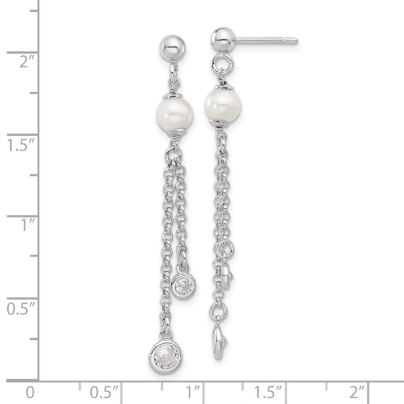 Sterling Silver Rhodium-plated Polished Cubic Zirconia and Freshwater Cultured Pearl Dangle Post Earrings