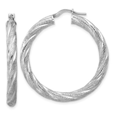 Belk & Co Sterling Silver Rhodium-plated Polished and Textured Round Hoops Earrings, White