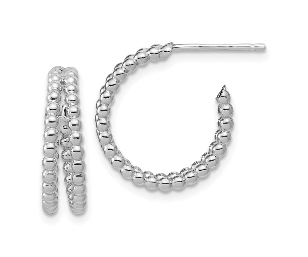 Sterling Silver Rhodium-plated Polished Beaded J-Hoop Earrings